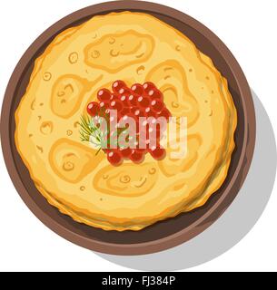 Russische Pfannkuchen mit rotem Kaviar auf einem Teller isoliert auf weiss. Vektor-illustration Stock Vektor