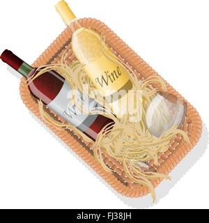 Picknick-Korb mit Flaschen rot und Weißwein und Weinglas im Stroh. Vektor-illustration Stock Vektor