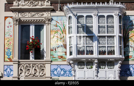 Detail, Fassade des modernistischen Gebäude, Plaza de Lugo, Coruña Stadt, Galicien, Spanien Stockfoto