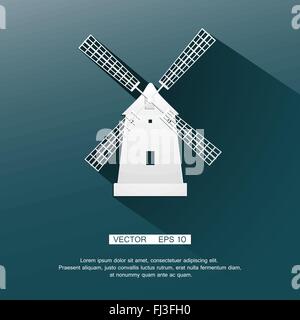 Flache Bild der Mühle weiß auf blauem Grund. Vektor-Illustration Stock Vektor