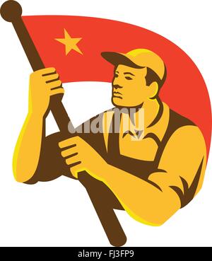 Abbildung eines chinesischen kommunistischen Arbeiters holding wehende rote Fahne mit Stern im retro-Stil gemacht. Stock Vektor