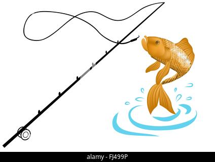 Angeln. Isolierte Darstellung der Pfirsich Großfische in Wellen mit Angelrute. Stock Vektor
