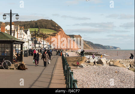 Anzeigen von Sidmouth Küste und Stadt mit Menschen zu Fuß am Strand und die promenade mit Felsen im Hintergrund. Stockfoto