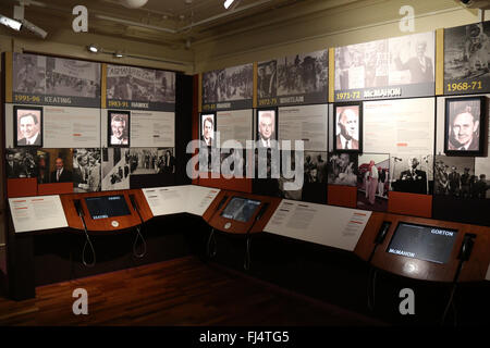 Im Old Parliament House in Canberra, jetzt das Museum der australischen Demokratie; Premierminister von Australien Ausstellung. Stockfoto