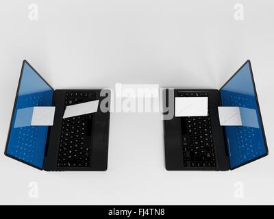 zwei Laptops Mails mit Umschlägen in eine weiße 3d Bühne zu kommunizieren. Stockfoto
