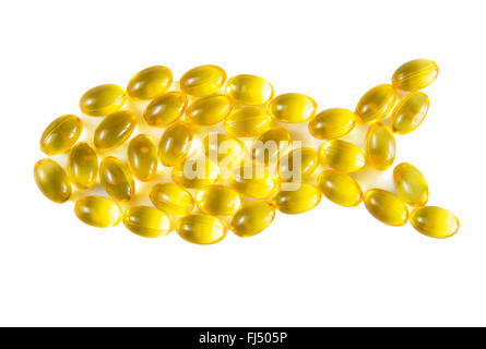 Fisch zu gestalten, Kabeljau Leber Öl-Kapseln, Omega 3, Vitamin D Stockfoto