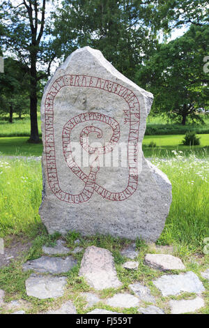 Runeninschriften auf einem Runenstein in Mariefred, Schweden Stockfoto