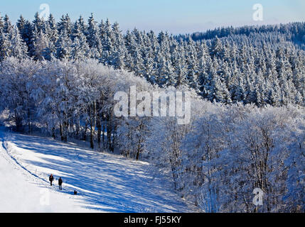 zwei Wanderer in verschneiter Landschaft, Sundern, Sauerland, Nordrhein-Westfalen, Deutschland Stockfoto