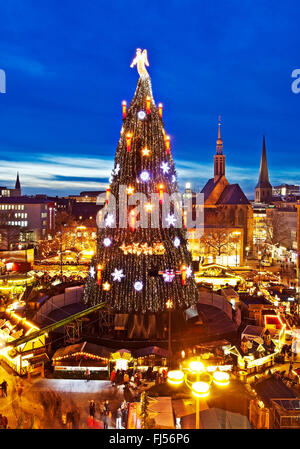 Weihnachtsmarkt mit gigantischen Weihnachtsbaum auf dem Hansaplatz, Deutschland, Nordrhein-Westfalen, Ruhrgebiet, Dortmund Stockfoto