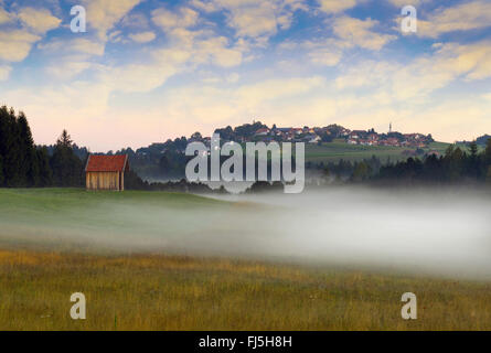 Wiesen im frühen Morgennebel, Schönberg Dorf im Hintergrund, Deutschland, Bayern, Oberbayern, Oberbayern, Schönberg Stockfoto