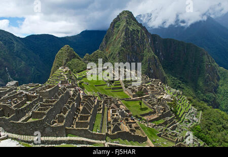 Machu Picchu, die berühmten Ruinen von oben in Peru aus der Inka-Geschichte, Peru Stockfoto