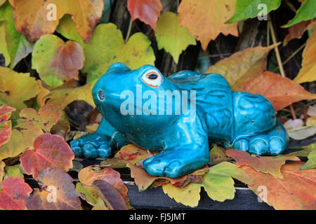 Wildem Wein, Woodbine (Parthenocissus spec.), Frosch Skulptur auf Woodbine Blätter im Herbst, Deutschland Stockfoto