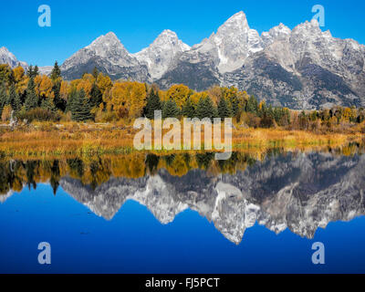 Grand Teton Gruppe, Blick vom Schwabacher Landung, USA, Wyoming, Grand-Teton-Nationalpark Stockfoto