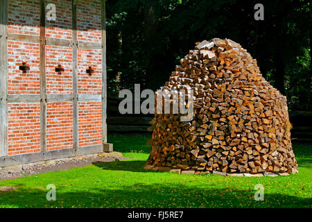 Stapel Brennholz auf einem Bauernhof, Deutschland, Niedersachsen, Ammerland Stockfoto