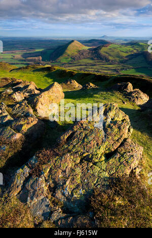 Licht des frühen Morgens auf Caer Caradoc in Shropshire Hügel. Stockfoto