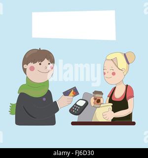 Die Kerl im Café Kaffee kaufen per Kreditkarte Stock Vektor