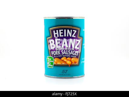 Dose Heinz Beanz und Würstchen Stockfoto