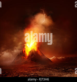 Vulkanausbruch. Ein großer Vulkan ausbricht heiße Lava und Gase in die Atmosphäre. Abbildung. Stockfoto