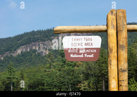 Am Straßenrand Schild am Lower Falls auf dem Swift River in den White Mountain National Forest im Carroll County, New Hampshire Stockfoto