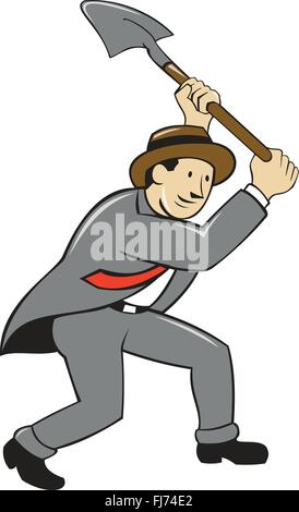 Abbildung eines Geschäftsmannes tragen Anzug und Hut Holding Schaufel Graben Satz auf isolierten weißen Hintergrund im Cartoon-Stil gemacht. Stock Vektor