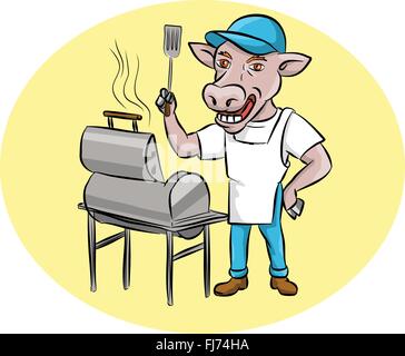 Beispiel für eine Kuh Grillmeister mit einem Spatel mit Hut und Schürze mit Grill oder Smoker im inneren ovalen Form im inneren ovalen Form getan im Cartoon-Stil Stock Vektor