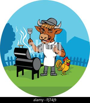 Illustration einer Kuh Grillmeister mit einem Spatel mit einem Minister Clerical Collar, Hut und Schürze mit Grill oder Smoker und Huhn Hahn auf Seite legen in ovaler Form in Karikatur Stil getan. Stock Vektor