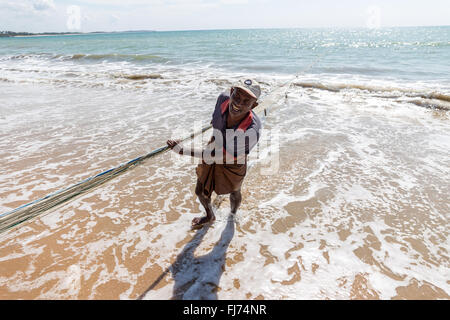 Fischer ziehen das Netz aus dem Meer, Tangalle, Sri Lanka, Asien Stockfoto