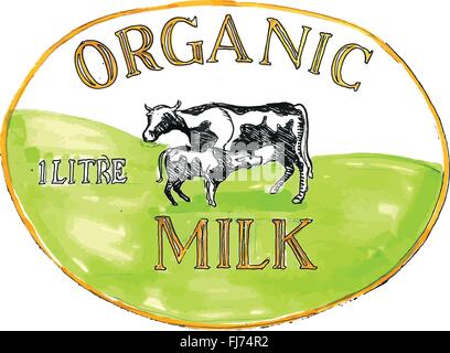 Zeichnung Skizze Stil Abbildung einer zeigt eine Kuh mit seiner Wade Spanferkel Satz in ovaler Form mit Worten Bio Milch 1 Liter Bio-Milch-Bezeichnung "." Stock Vektor