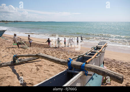 Fischer ziehen das Netz aus dem Meer, Tangalle, Sri Lanka, Asien Stockfoto