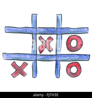 rot blau Tic tac Toe Cartoon Aquarell isoliert Stockfoto