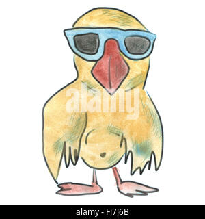 gelber Vogel mit Brille Cartoon Aquarell isoliert Stockfoto