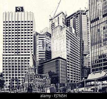 Skyline von Brisbane gesehen von King George Square auf Blaupause Stil Stockfoto