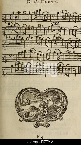 Das Musical Miscellany ist eine Sammlung klassischer Musik aus dem 18. Jahrhundert, die sich auf Violine und Flöte konzentriert. Hier finden Sie berühmte Komponisten, Musikstücke und Manuskripte, die zur Geschichte und Ausbildung der klassischen Musik und barocken Kompositionen beitragen. Stockfoto