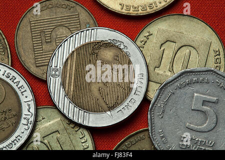 Münzen von Israel. Premierminister von Israel Golda Meir in der israelischen zehn neue Schekel Münzen abgebildet. Stockfoto