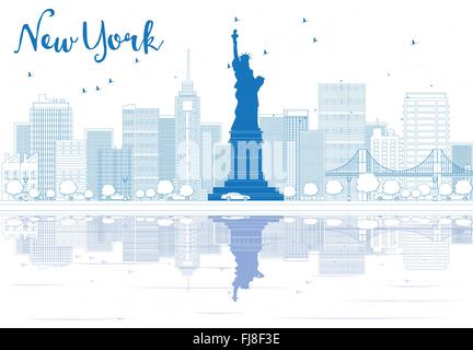 Skyline von New York City mit blauen Gebäuden zu skizzieren. Vektor-Illustration. Business-Reisen und Tourismus-Konzept mit Platz für Text. Stock Vektor