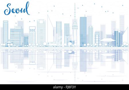 Skyline von Seoul mit blauen Gebäuden und Reflexionen zu skizzieren. Vektor-Illustration. Business-Reisen und Tourismus-Konzept Stock Vektor