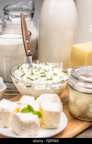 Komposition mit Milchprodukten, Nahaufnahme Schuss Stockfoto