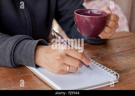 Frau Hand mit Stift schreiben auf Notebook, Fotoarchiv Stockfoto