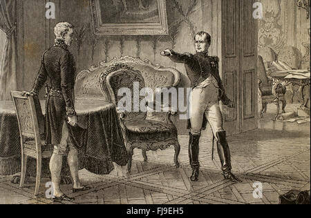 Kaiser Napoleon Bonaparte (1769-1821) trifft sich mit Klemens von Metternich (1773-1859) beim Desden 1813. Kupferstich von E. Deschamps. Historia de Francia, 1886. Stockfoto