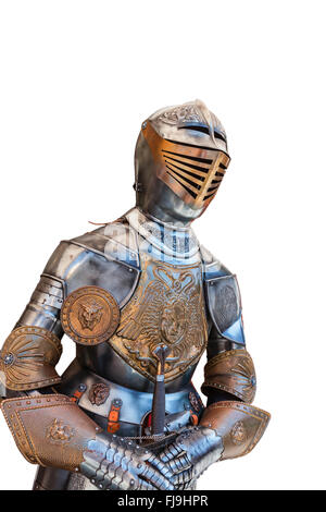 Vollständigen Anzug von gotischer Plattenrüstung isoliert auf weiss. Stockfoto