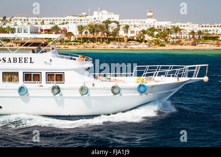 Touristische Bootsfahrt um Sinai auf weißen Yacht, Luxus-Urlaub für Touristen im Roten Meer, Tauchen in den Korallenriffen, Sharm El Sheikh Stockfoto