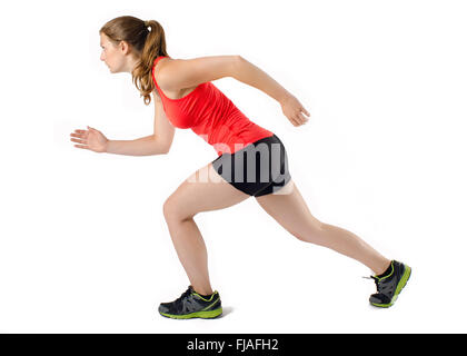 Leichtathletik jungen Frau im Profil ausgeführt. Isoliert auf weißem Hintergrund. Stockfoto