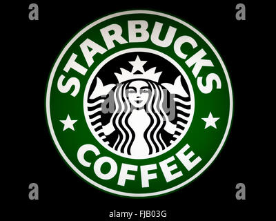 Starbucks Coffee Schild mit schwarzem Hintergrund Stockfoto