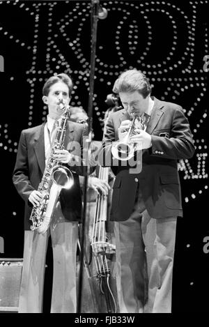 Warren Vaché und Scott Hamilton auf dem Kool Jazz Festival in Stanhope, New Jersey, Juni 1982. Stockfoto