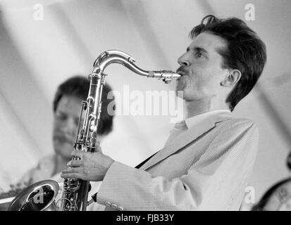 Warren Vaché und Scott Hamilton auf dem Kool Jazz Festival in Stanhope, New Jersey, Juni 1982. Stockfoto