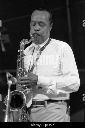 Buddy Tate bei einem jazz Festival, am ehesten die 1982 Kool Jazz Festival in Stanhope New Jersey, Hough ist dies etwas unsicher. Stockfoto