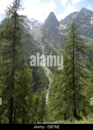 Blick auf alpinen Fluss von oben Valsavarenche, Aostatal, Italien. Stockfoto