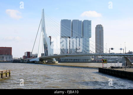 Nieuwe Maas Fluss mit Erasmus-Brücke, Rotterdam, Niederlande, hinter "De Rotterdam" Wolkenkratzer komplexe (Rem Koolhaas, 2013). Stockfoto