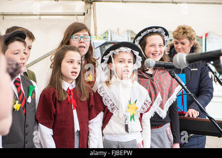 Carmarthen, Wales, Großbritannien. 1st. März 2016. Carmarthen, Wales, Großbritannien. 1st. März 2016. Junge, Jungen, Mädchen, Mädchen, Kind, Kinder, Schüler, Studenten, von der Nantgaredig School in Nationalkostüm von Wales singen Lieder auf Walisisch am Guildhall Square, Carmarthen, Carmarthenshire, Wales, U.K. Credit: Paul Quayle/Alamy Live News Stockfoto