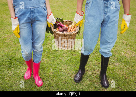 Junges Paar hält einen Korb mit frisch geernteten Gemüse Stockfoto